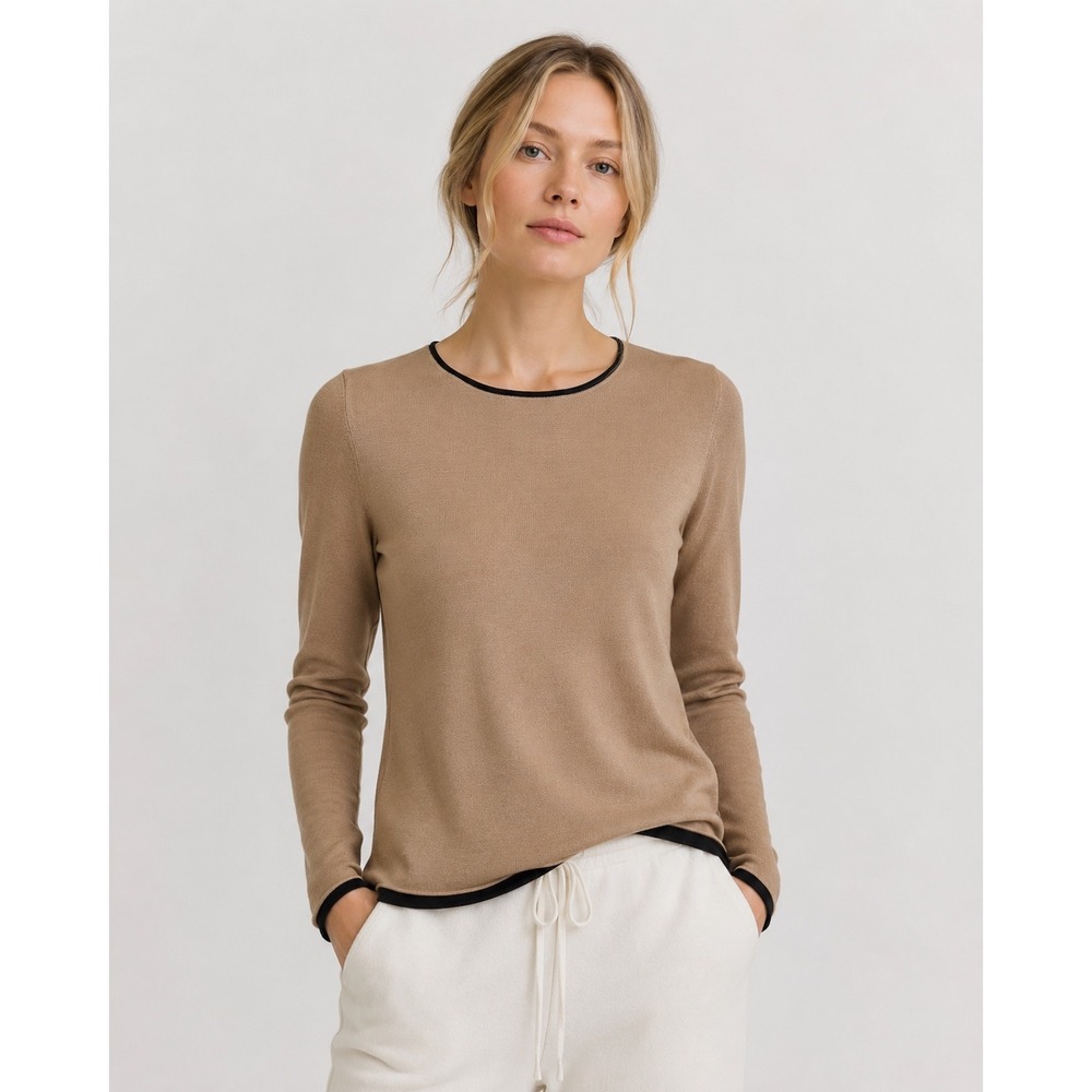 White +‎ Warren Womens Tan Cotton Knit Sweater Black Trim Long Sleeve Large